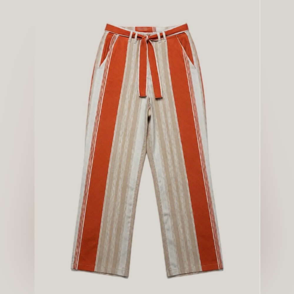 Forever 21 Contemporary Striped Wide Leg Belted Pants - Orange & Cream (M)